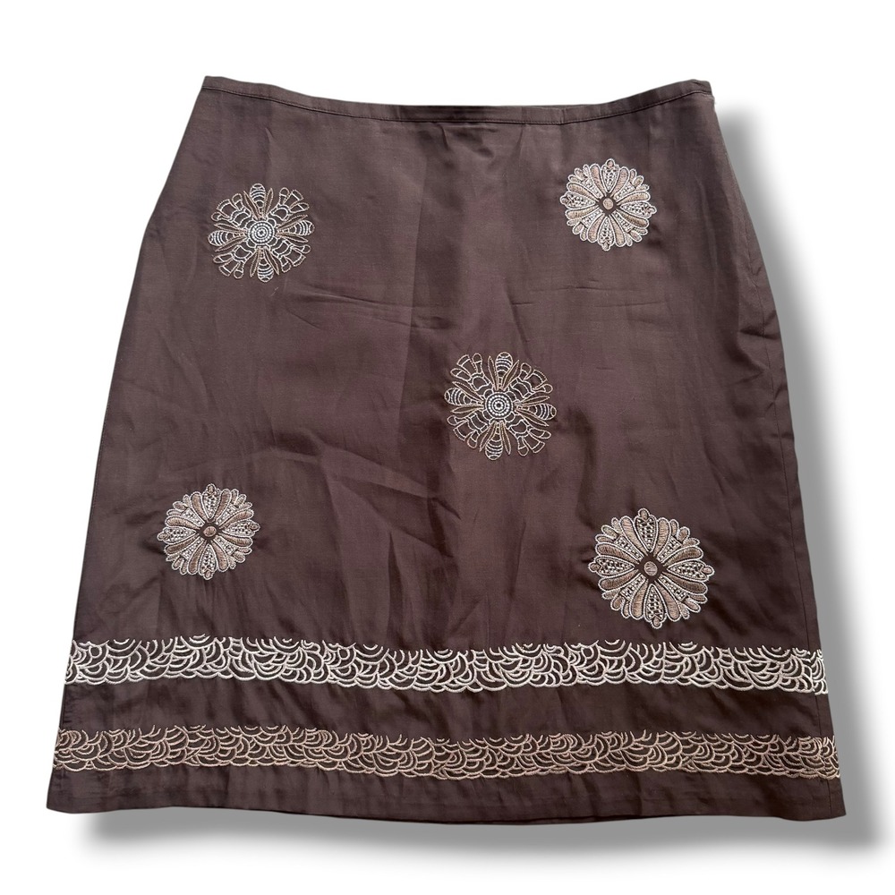 Ann Taylor LOFT Petite 14P Brown Silk Cotton Embroidered A-line Skirt Floral Y2K